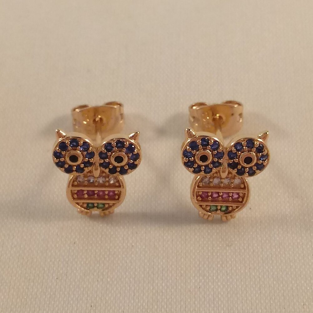 18K Yellow Gold Filled Owl Diamond Zircon Stud Earrings Gorgeous Gift - Picture 2 of 5